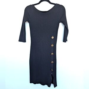 b+ab Rib Knit Boat Neck Button Detail Midi Dress 3/4 Sleeve Sz M in Black